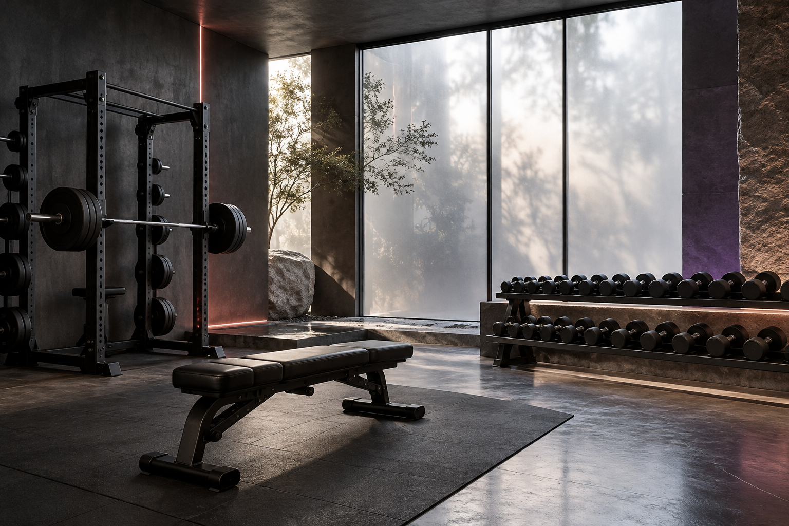 Illustrative architectural concept of a minimal premium gym with weights and soft daylight